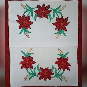 Vintage Red and Green Floral Embroidered Pillowcases, Set Of 2
